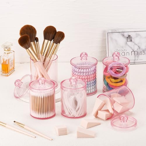 Image of Tbestmax 6 Pack Qtip Holder - 12 oz, 10 oz Bathroom Organizer and Storage Containers, Plastic Apothecary Jars with Lids for Cotton Ball, Cotton Swab, Floss, Pink