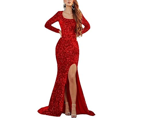 Vestido feminino gola redonda manga longa com fenda vestido maxi festa formal noite (Color : Wine, S