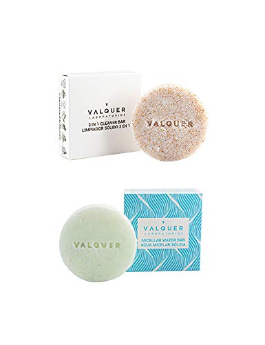 Valquer - Pack Sólidos Facial, Limpiador Facial Sólido 3 en 1 + Agua Micelar Sólida - Vegano, Sin Plástico, Zero Waste, Cruelty-Free, 2 Unidades x 50g, Cuidado Facial Ecológico