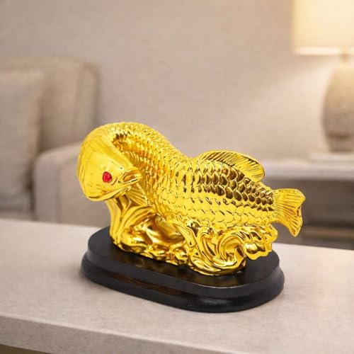 Image of Feng Shui Golden Arowana Fish Looking Back Idol for Money Collection & Career Luck | Vastu Wealth Symbol Showpiece for Office, Shop, Study Table & Home Decor | Gold Finish with Red Eye