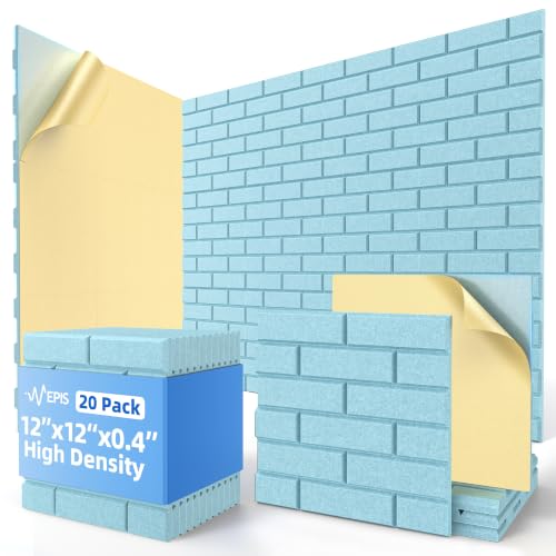 20 Pack Acoustic Panels with Self Adhesive Sound Proof Foam Panels for Wall | 12" X 12" X 0.4" High Density Soundproof Wall Panels, Brick Sound Absorbing Panels for Home Studio Office Decor - Aqua Blue