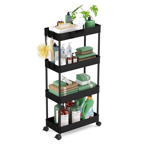 Image of Multipurpose 4-Tier Plastic Storage Rack with Wheels - Slim Organizer Shelf for Kitchen, Bathroom, Office & Home Use (Black)