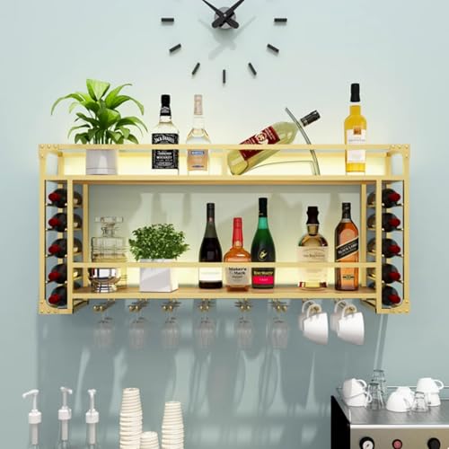 Étagère à vin murale dorée avec porte-verre suspendu LED - 8