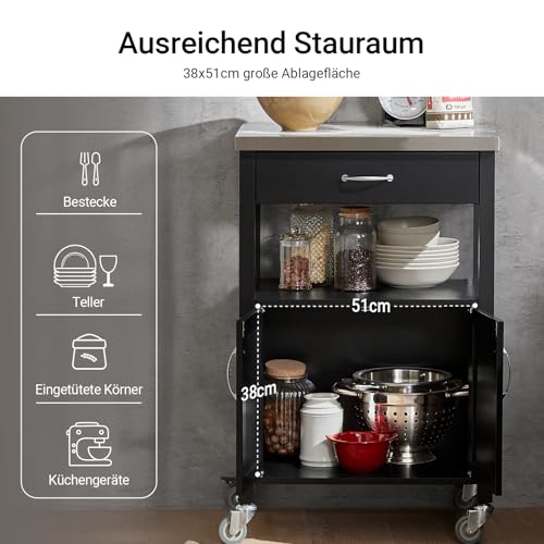 Foto von SoBuy Küchenwagen mit Arbeitsplatte Servierwagen mit Rollen Beistelltisch Holz Rollwagen Küchenregal stehend Vielseitiger Küchenschrank für Küche, Outdoor & Schlafzimmer Schwarz 60x92x45cm FKW22-SCH