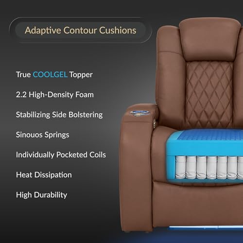 Image of Seatcraft Virtuoso LT Tobacco Italian Leather Home Theater Seating, Zero Gravity Power Recliner, Powered Headrest and Lumbar Gaming and Home Office Chair, Heat and Massage Lounge Sofa, Single Recliner