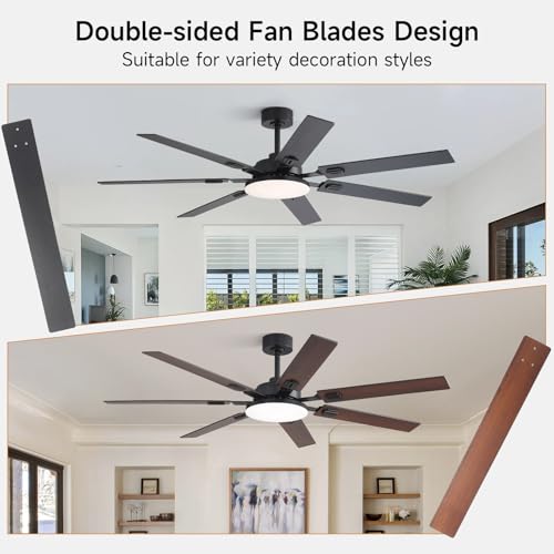Image of 64 Inch Ceiling Fans with Lights and Remote, Bedroom Living Room Office Library Cafe Outdoor Industrial, 5CCT Dimmable, Dual Color 7 Blades, 6 Speed Reversible Quiet DC Motor, Black /Wood Grain