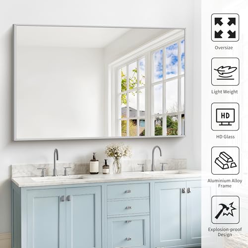 Image of COFENY 40x60inch Silver Bathroom Mirror, Silver Rectangle Mirror with Frame, Large Rectangular Wall Mirrors for Bathroom, Living Room, Hair Salon, Big Farmhouse Mirror Hang Horizontal /Vertical