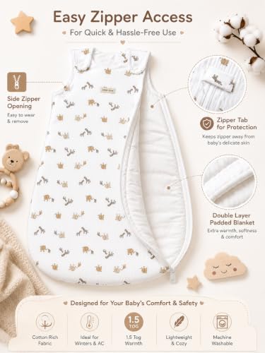 Image of TuddyBuddy Baby Cotton Wearable Quilted Sleeping Bag Blanket 1.5 Tog with 2 Way Zipper Closure | Ideal for Babies & Kids Hypoallergenic Fabrics | (Elephants & Zebra AOP - Yellow, 0-6 Months)