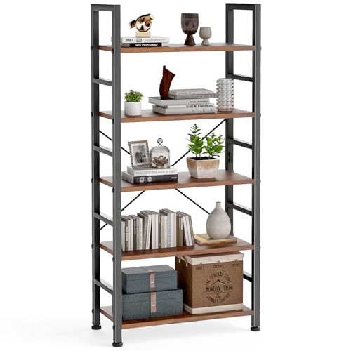 DUMOS 5 Tiers Bookshelf, Classical Modern Book Shelf, Tall Display Shelves in Living Room/Home/Office, Storage Organizer for CDs/Books/Movies, Rustic Brown