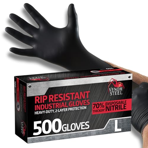 Image of Venom Steel Industrial Nitrile Gloves, Chemical Resistant Disposable Black Gloves, Latex-Free, Powder-Free, Textured Grip, Heavy Duty Two-Layer Protection, 6 mil, Large (Pack of 500)