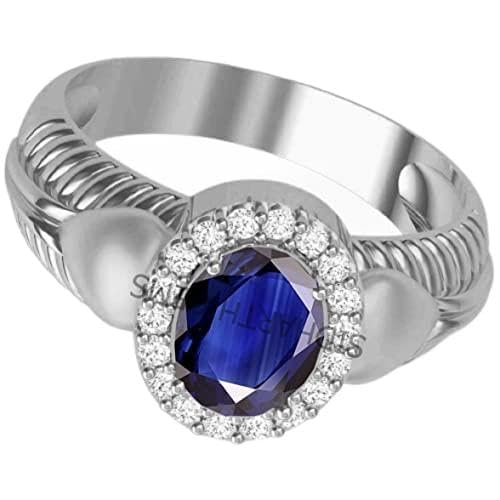 Bague saphir bleu non traité de Ceylan 5,00 cts en argent de haute joaillerie