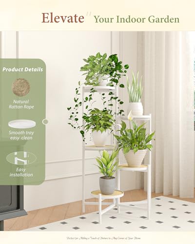 Bamworld BZ03W Plant Stand Indoor Outdoor Corner 5 Tier Foldable Tall Rattan Plant Shelf Metal Flower Stand thumb #3