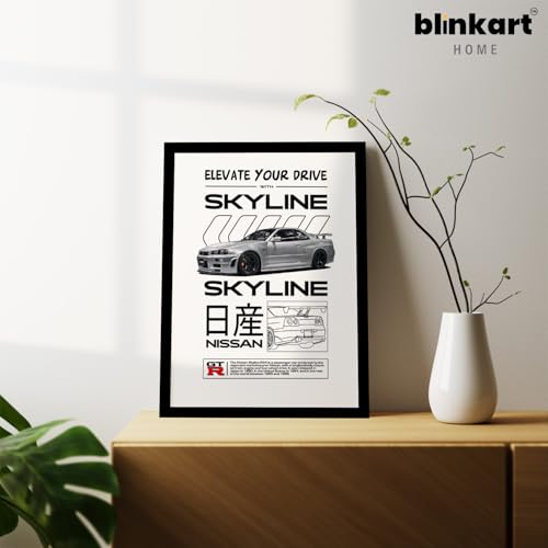 Image of BLINKART Nissan Skyline GT-R (R34) CarFramed Posters Gift Items Boys Room Wall Decoration Bedroom Office Studio Synthetic Wood Frame & Acrylic Glass Ready to Hang - 12x8 Inch, (A4 Size) - CAR-171