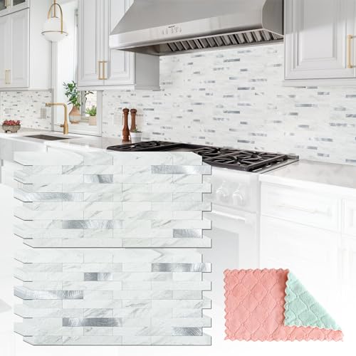 Comparison: Best Kitchen Backsplash For White Cabinets 4 StyloVue 20 Sheets Peel and Stick Backsplash for Kitchen, White Marble with Metal Silver Look Stick on Tile Upgrade Your Kitchen Backsplash, RV, Fireplace