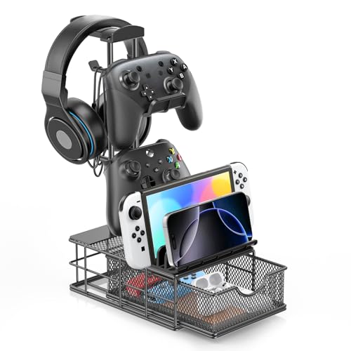 KDD Headphone Stand with Drawer – Headset & Controller Holder for Desk – Aluminum Supporting Bar Earphone Stand with Cable Organizer – Universal Gaming PC Accessories Storage
