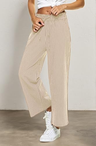 Image of LNX Womens Linen Capri Pants Wide Leg High Waisted Drawstring Casual Cropped Pants with Pockets