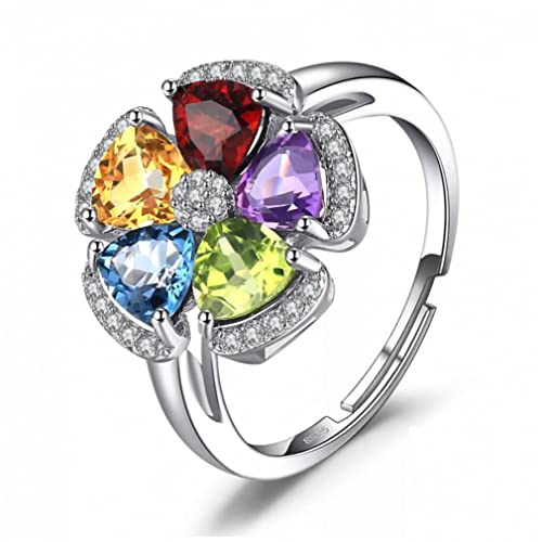 Anillo ajustable abierto de plata de ley 925 con topacio azul, amatista, citrino, granate, peridoto, 2,6 quilates