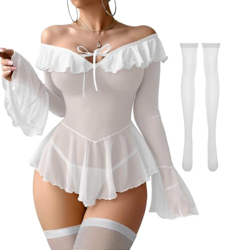 Image of Foxiny Sheer Ruffle Long Sleeve Babydoll Lingerie Dress | Off-shoulder neckline, flared cuffs and a flounce hem add movement; thong and thigh-high stockings complete the 3-piece set
