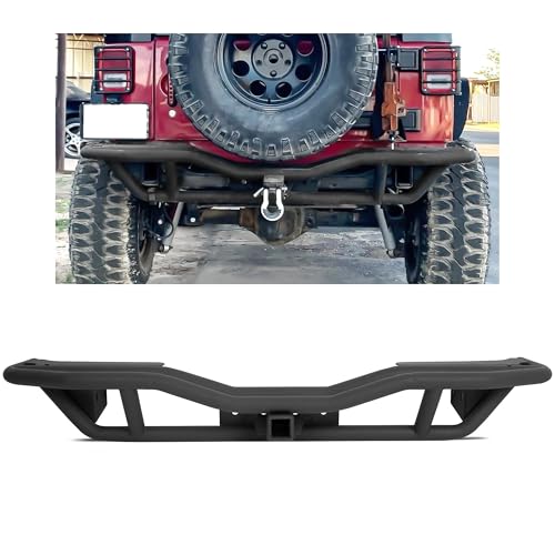 ECOTRIC Tubular Rear Bumper Compatible with 2007-2018 Jeep Wrangler JK W/ 2 Hitch Receiver Steel Rock Crawler Textured Black