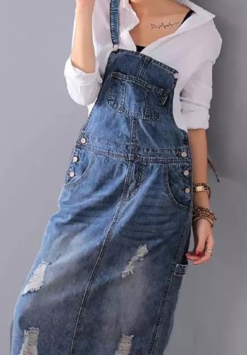 loveimgs Women Distressed Denim Overall Dress Bib Long Jean Jumper Ripped Adjustable Straps Patchwork Pinafore Dress2