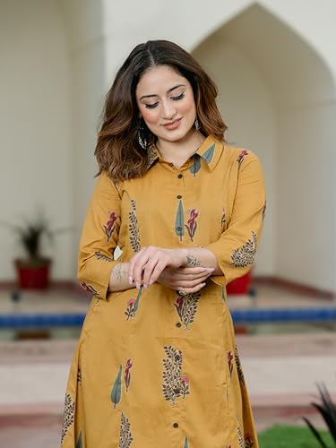 Image of Arayna Women's Pure Cotton Printed A-Line Kurta Set with Pants | Button-Down Collar Kurta