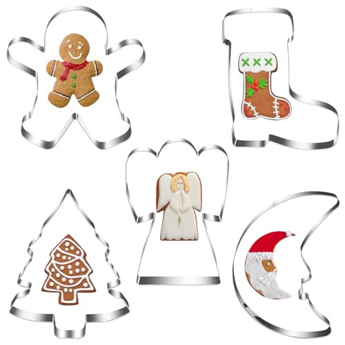 Juego de 5 Cortador Galletas Navidad, XXL Moldes Galletas Navidad Grande, Molde Galletas Muñeco Jengibre, Cortadores de Galletas Navideños de Acero Inoxidable para Hornear