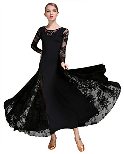 ZX Damen Ballsaal Tanzkleid Spitze Ärmel Lang Swing Rock Professionell Wettkampf Modern Waltz Cha Kleid - Schwarz - Mittel