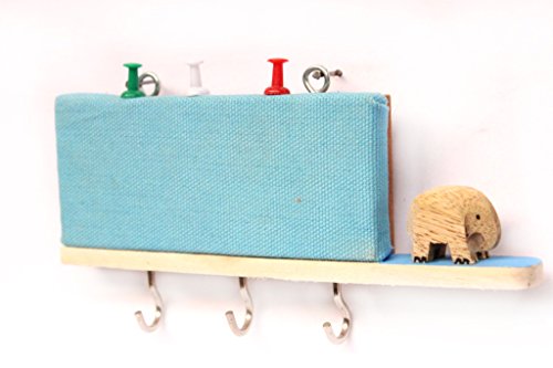 IVEI Utility Key Holder with a Small pin Board and a Handcrafted Wooden Elephant - Blue