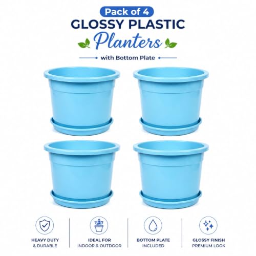 Image of 12 Inch Glossy Plastic Planter with Bottom Plate | Heavy Duty Flower Pot with Tray for Indoor Home Decor, Balcony, Living Room & Outdoor Garden (4 Pot, Ocean Blue)