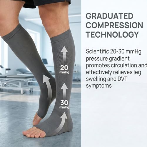 Image of MGANG Knee High Compression Socks 20-30mmHg for Varicose Veins, Open Toe | Graduated Compression, Circulation, DVT, Swelling, Nurses, Pregnancy, Standing, Office, Flight, Travel, Running, Recovery