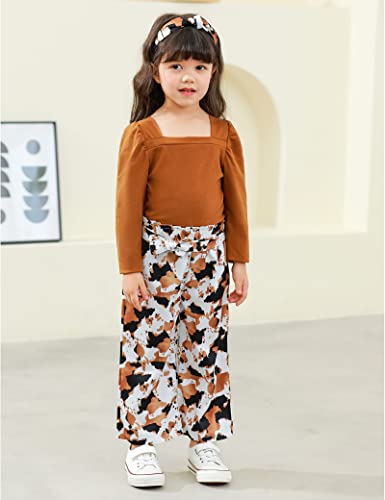 Image of Girl Clothes, Toddler Girl Clothes Square Neck Puff Long Sleeve Top Striped Pants Headband 3Pcs Fall Clothes Set
