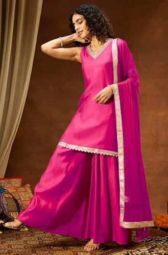 Image of Janasya Women's Chanderi Silk Embellished Straight Kurta With Sharara & Dupatta Set