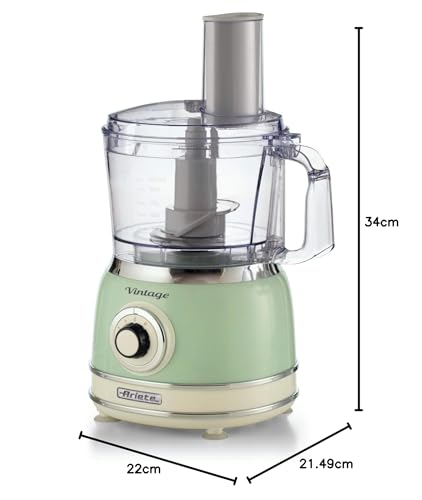 Ariete 1781 Robot de Cuisine Vintage, Hache, Pétrit, Tranche et Râpe, Lames Acier Inoxydable, 2 Vitesses+Pulse, pour Pain, Pizza, Desserts et pour Fouetter la Crème, Capacité 1,2L, 1000W, Vert