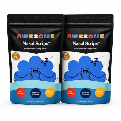 Image of AWESOME Nasal Strips for Breathing & Snoring Relief, 60 Strips - Strong Hold Nose Strips for Better Airflow, Sports Performance & Sleep - Skin-Safe, Sweat-Resistant, CDSCO Approved