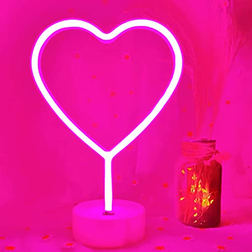 Image of Neon Heart Sign Pink LED Light with Base, USB /Battery Powered Heart Decor for Bedroom, Valentine's Day Decor