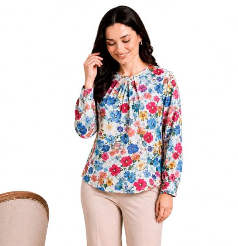 Image of Mirana Women's Full Sleeve Solid Top | Round Neck Pleated Front Regular Fit Office Casual Blouse with Button Cuffs