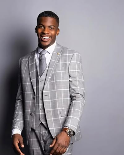 Plaid Suit Men Slim Fit -Plaid Tuxedo Suit 3 Piece Jacket Pants Vest Set Mens-Gold Business Regular Fit Suits2