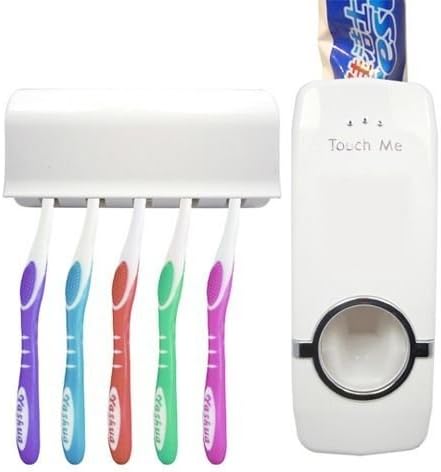 White Automatic Toothpaste Dispenser + 5 Toothbrush Holder Set Wall Mount Stand