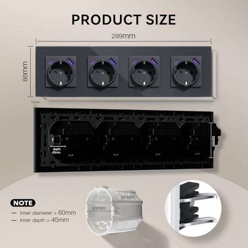 BSEED Steckdose mit USB C 20W, Schnellladen Wandsteckdose mit Krallen, EU-Standard Einbausteckdose Unterputz, Einfach Montage, 16A 250V, NEU E-Serie,4 Fach,299mm Grau