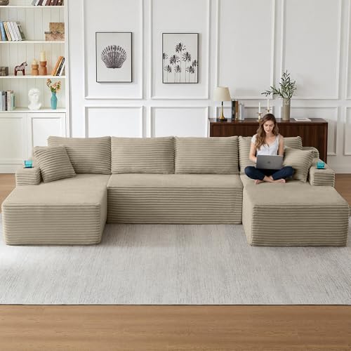 Image of Oversized Cloud Boneless Couch with Chaise, Modern Modular Sofa with Deep Seat, Corduroy Upholstered U Shaped Couch for Living Room, No Assembly Required (Camel)