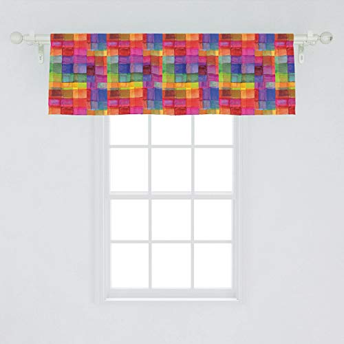 Ambesonne Abstract Window Valance, Rainbow Colored Geometric Square Shaped Blurry Effects Watercolor Design, Curtain Valance For Kitchen Bedroom Decor With Rod Pocket, 54" X 18", Vermilion Fuchsia #TOP1