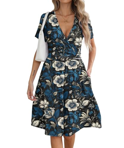 Image of KUOTAI Women's Summer Short Sleeve Casual Dresses Wrap V Neck Beach Outfits Party Flowy Dress with Pockets, Blue Leaf, X-Large