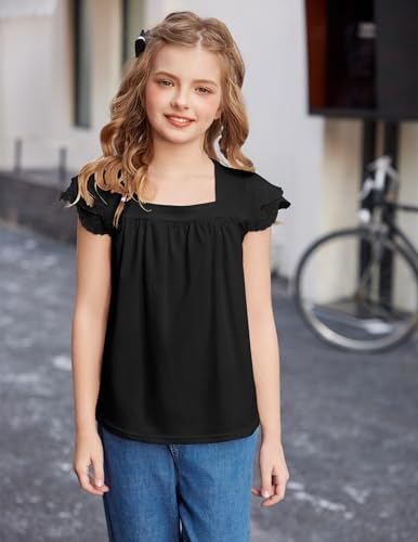 Image of Arshiner Girls Shirts Short Sleeve Square Neck Summer Lace Openwork Pleated Tops Blouse Tunic