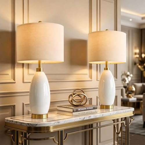 Image of USumkky 24 inch White Oval Ceramic Table Lamp Set of 2, Modern Minimalist Bedside Nightstand Lamps for Bedroom Living Room, Linen Shade & Gold Metal Base, Rotary Switch E26 (Bulbs Excluded)