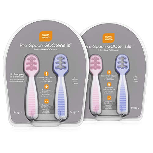 Image of NumNum Baby Spoons Set, Baby Essentials Pre-Spoon GOOtensils for 6+ Months, First Stage Self-Feeding Spoons for Baby Led Weaning (BLW), Silicone Toddler Utensils, BPA-Free, 4 Pack Frosty Lilac/Rosebud