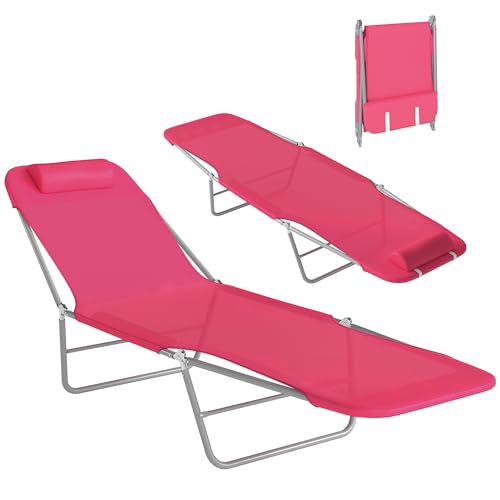 Outsunny Folding Chaise Lounge Chair, Pool Sun Tanning Chair, Outdoor Lounge Chair with Reclining Back, Breathable Mesh Seat, Headrest for Beach, Yard, Patio, Pink