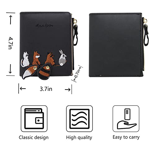 Womens Wallet, Leather Purse Credit Card Holder with with Embroidered Animal Pattern, Portable and Small Wallets for Women with Zipper Pocket (black)2