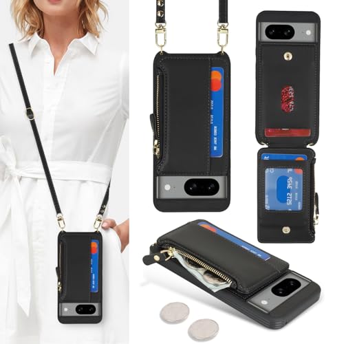 Étui portefeuille pour Google Pixel 8 avec sangle amovible et porte-cartes en cuir noir