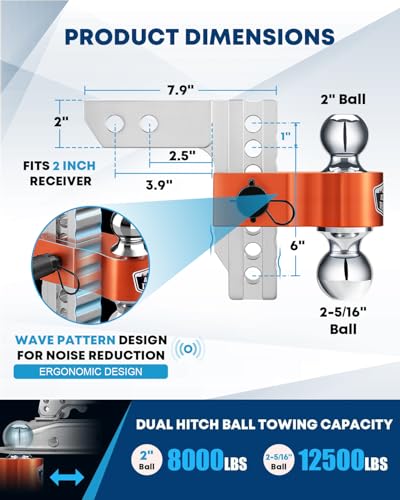 Image of Kohree Adjustable Trailer Hitch Fit 2 Inch Receiver, Dual Solid Ball 2 inch and 2-5 /16 inch(12,500 LBS GTW), 6 inch Drop & Rise Heavy Duty Aluminum Tow Hitch with 4 Silencer Pads & 2 Locking Hitch Pin, Orange
