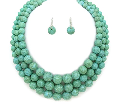 Fashion 21 Women's Three Multi-Strand Simulated Pearl Statement Necklace and Earrings Set (Turquoise)